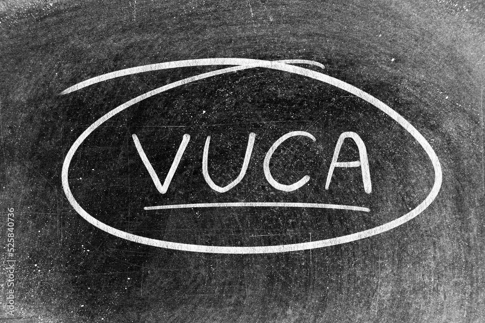 White chalk hand writing in word VUCA (abbreviation of Volatility, uncertainty, complexity and ambiguity) on blackboard background White chalk hand writing in word VUCA (abbreviation of Volatility, uncertainty, complexity and ambiguity) on blackboard background