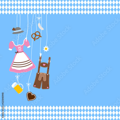 Links Hängende Oktoberfest Symbole Hut Rosa Braun Rautenmuster Bordüre Blauer Hintergrund
