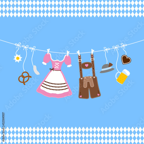 Horizontal Hängende Oktoberfest Symbole Hut Rosa Braun Rautenmuster Bordüre Blauer Hintergrund