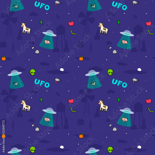 UFO aliens invade farmhouse at night  seamless pattern Gift Wrap background wallpaper