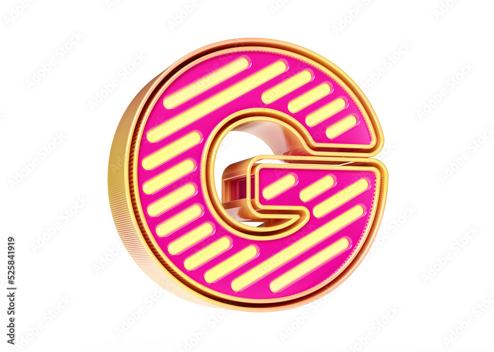 Obraz premium Shiny and bright lettering character G in golden yellow and pink color scheme. Illustration suitable for promotion texts, prints, ads and web projects. High quality 3D rendering.