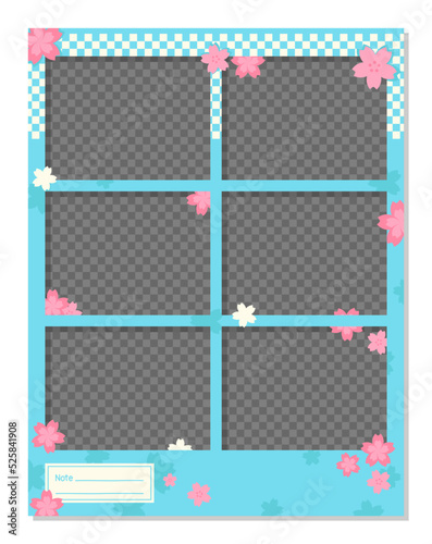 pink Japan sakura on blue kawaii cute automatic sticker photo booth vector frame