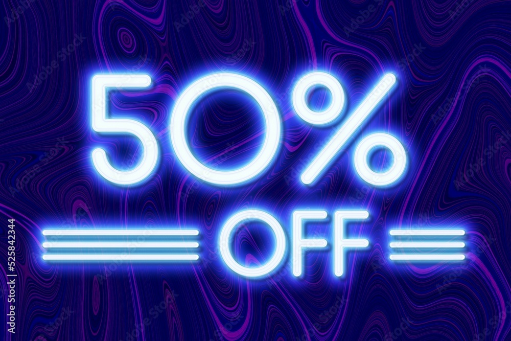 White neon inscriptions off 50 of discounts on a blue art background Price labele sale promotion market. banner purchase