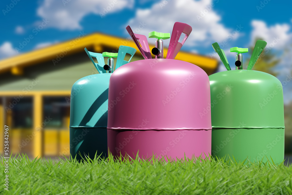 Cylinders for storage Freon. Gas cylinders in front house. Substance for refueling air conditioners. Cylinders with Freon on lawn. Freon for air conditioners. Rustic summer sky blurred. 3d image