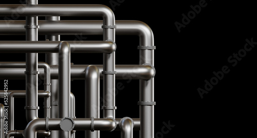 Steel pipes. Pipeline on black background. Tangled pipes for supplying water or gas. Place for inscription. Concept services for installation and repair of pipelines. Gray pipes. 3d rendering.