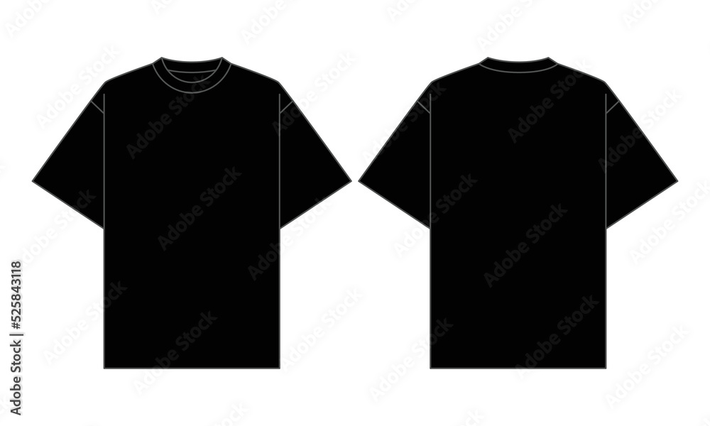 Blank Black Short Sleeve Oversize T-Shirt Template On White  Background.Front and Back View, Vector File. Stock ベクター | Adobe Stock