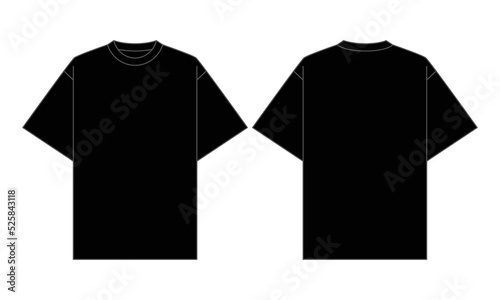 Blank Black Short Sleeve Oversize T-Shirt Template on White Background. Front and Back Views, Vector File. photo