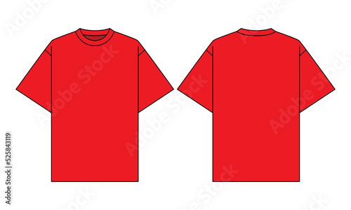 Blank Red Short Sleeve Oversize T-Shirt Template On White Background.Front and Back View, Vector File.