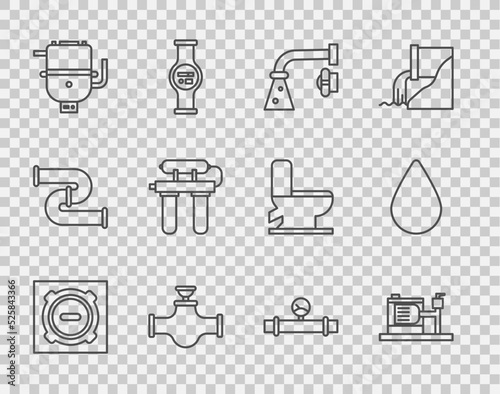 Set line Manhole sewer cover, Electric water pump, Water tap, Industry pipe and valve, boiler for heating, filter, manometer and drop icon. Vector