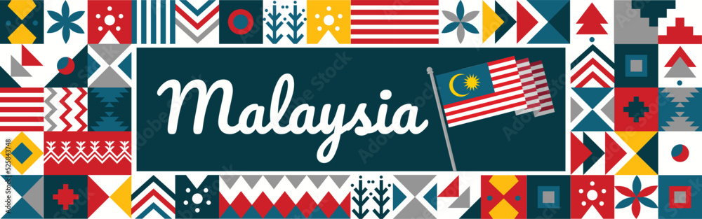 Fototapeta premium Malaysia National day or Hari Merdeka banner with retro abstract geometric shapes. Malaysian flag. Red blue scheme with traditional icons signs. Kuala Lumpur landmarks. Vector Illustration.