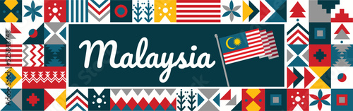 Malaysia National day or Hari Merdeka banner with retro abstract geometric shapes. Malaysian flag. Red blue scheme with traditional icons signs. Kuala Lumpur landmarks. Vector Illustration.