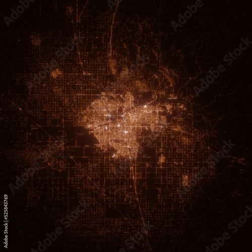 Bakersfield (California, USA) street lights map. Satellite view on modern city at night. Imitation of aerial view on roads network. 3d render