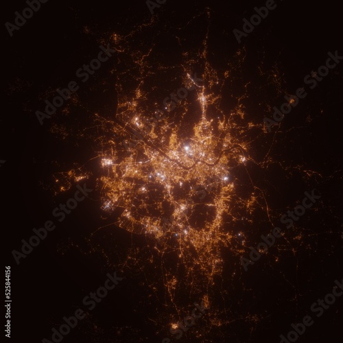 Seoul (South Korea) street lights map. Satellite view on modern city at night. Imitation of aerial view on roads network. 3d render