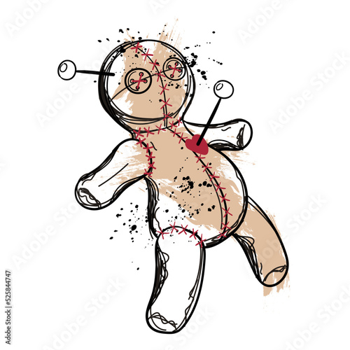 Vector illustration with voodoo doll with pierced heart and brain. Print for T-shirts.
