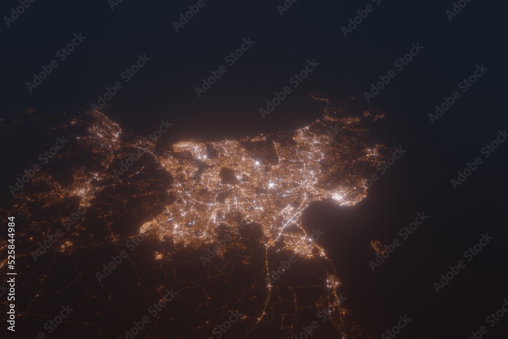 Fototapeta premium Aerial shot of Cape Town (South Africa) at night, view from north. Imitation of satellite view on modern city with street lights and glow effect. 3d render