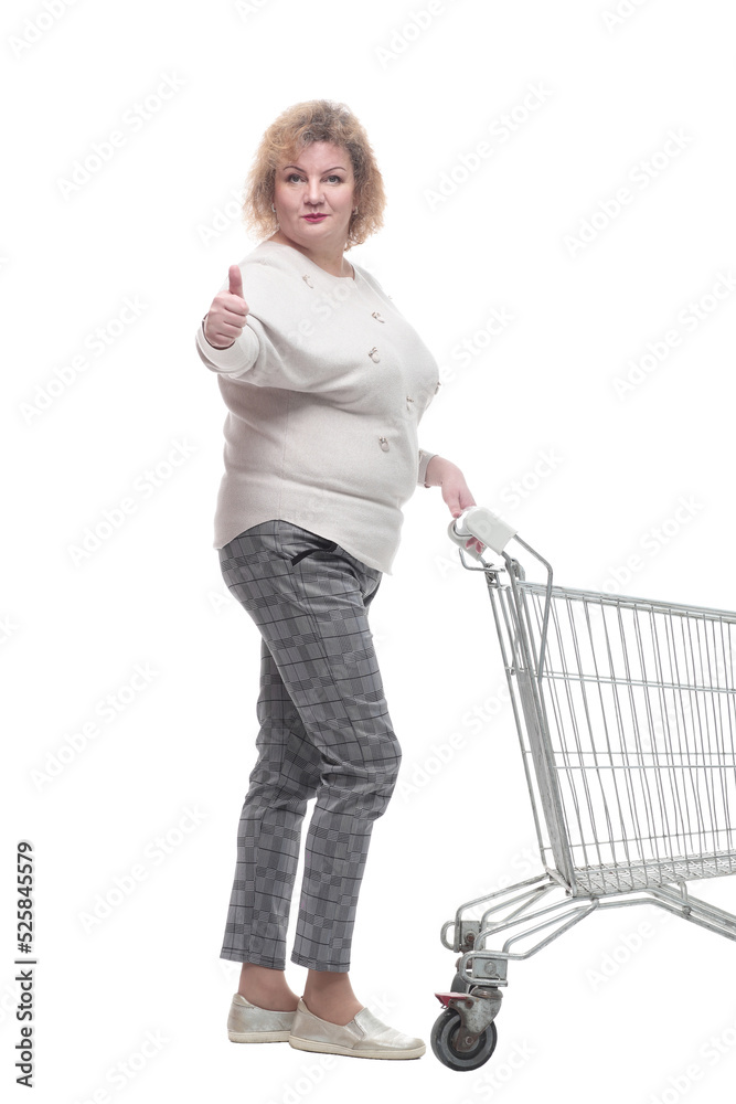 full-length. casual adult woman with shopping cart. full-length. casual adult woman with shopping cart.