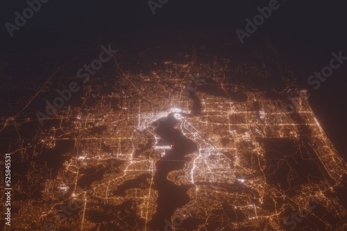 Aerial shot of Jacksonville (Florida, USA) at night, view from south. Imitation of satellite view on modern city with street lights and glow effect. 3d render
