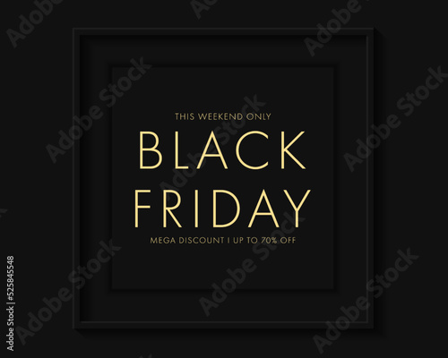  Black Friday sale banner. Shiny golden text in frame with glitter and confetti. Luxury dark background. Black Friday advertising, special offer and sale. Banner and poster, brochure and flyer design