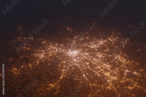 Aerial shot on Atlanta (Georgia, USA) at night, view from east. Imitation of satellite view on modern city with street lights and glow effect. 3d render
