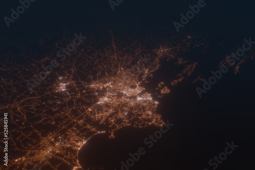 Aerial shot of Portland (Maine, USA) at night, view from south. Imitation of satellite view on modern city with street lights and glow effect. 3d render