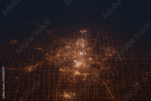 Aerial shot on Lansing (Michigan, USA) at night, view from east. Imitation of satellite view on modern city with street lights and glow effect. 3d render photo