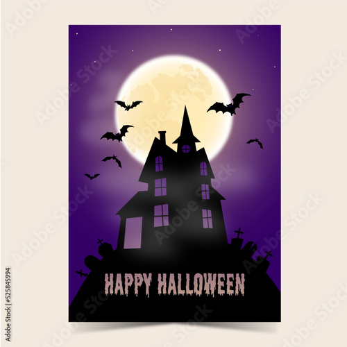 Happy Halloween postcard, flier or poster. Castle, haunted house with bats on full moon night. Vector illustration