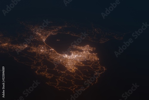 Aerial shot on Wellington (New Zealand) at night, view from west. Imitation of satellite view on modern city with street lights and glow effect. 3d render