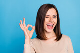 Photo of pretty cheerful lady eye wink hand fingers show okey symbol isolated on blue color background