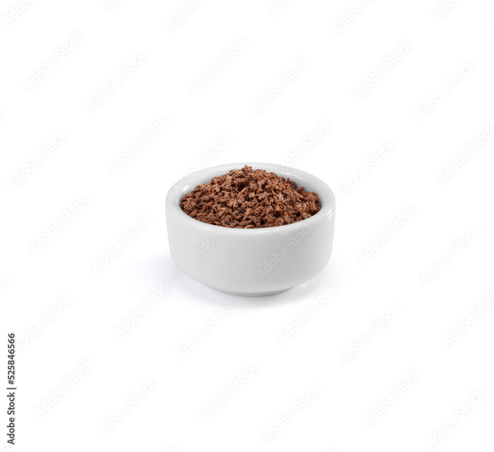 Chocolate cereal on a white ceramic ramekin, isolated on white Chocolate cereal on a white ceramic ramekin, isolated on white