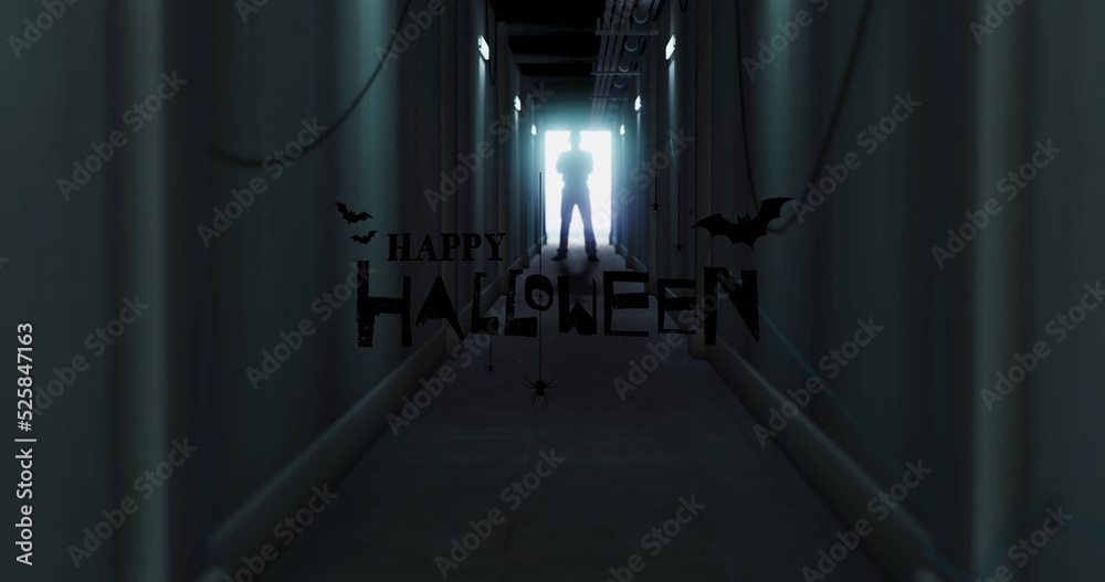 Digital composite image of silhouette man standing in corridor with happy halloween text