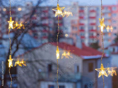 Closes up of LED light star chain, Christmas background