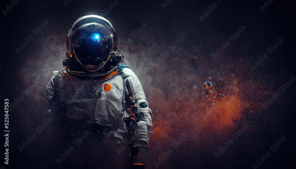 Astronaut on rock surface with space background ,astronaut walk on the moon wear cosmosuit. future concept, Astronaut on foreign planet in front of spacetime, 3d render, Raster illustration.