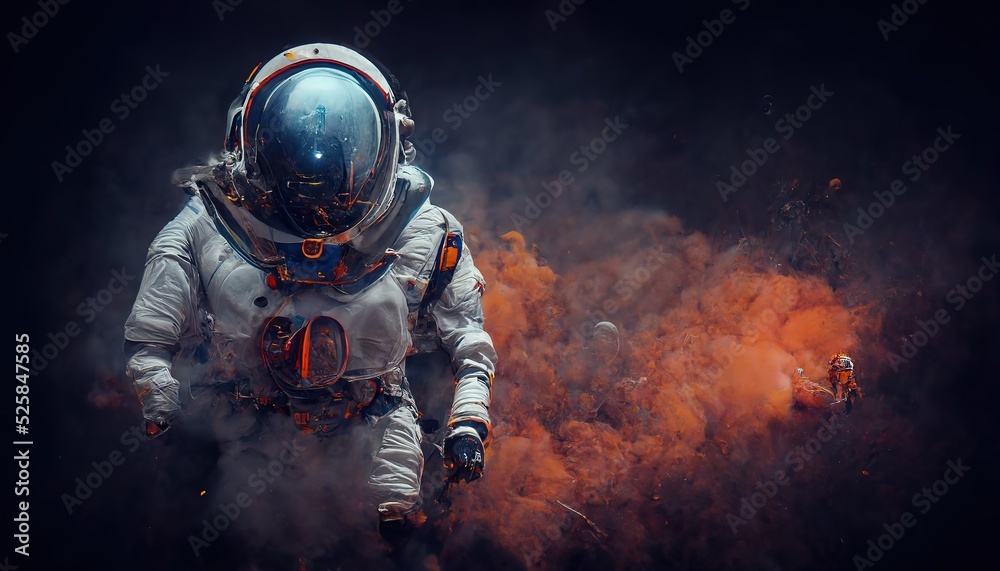 Astronaut on rock surface with space background ,astronaut walk on the moon wear cosmosuit. future concept, Astronaut on foreign planet in front , 3d render, Raster illustration.