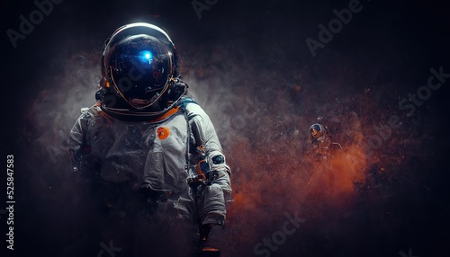 Astronaut on rock surface with space background ,astronaut walk on the moon wear cosmosuit. future concept, Astronaut on foreign planet in front of spacetime, 3d render, Raster illustration.