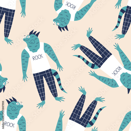 Iguana punk rocker in a white T-shirt "ROCK" and plaid pants hand drawn vector illustration. Funny animal character in clothes seamless pattern for kids fabric or wallpaper.