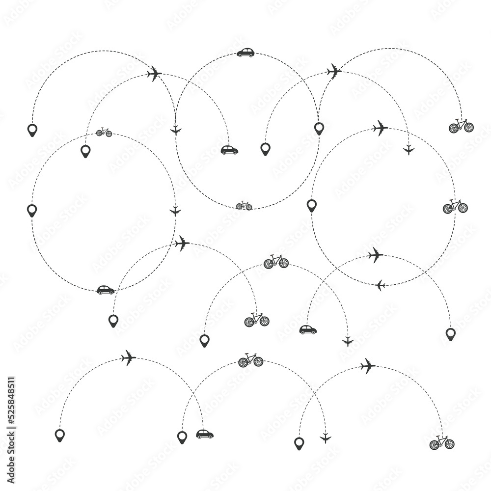 Set of dashed line airplane route with location icon Set of dashed line airplane route with location icon
