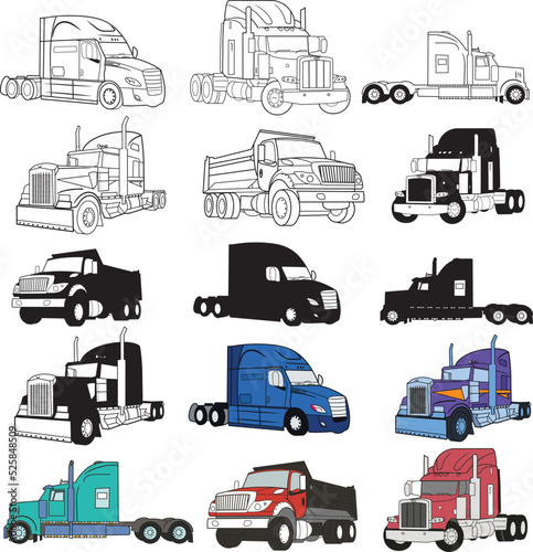 American Truck Trailer black and white illustration isolated on white 