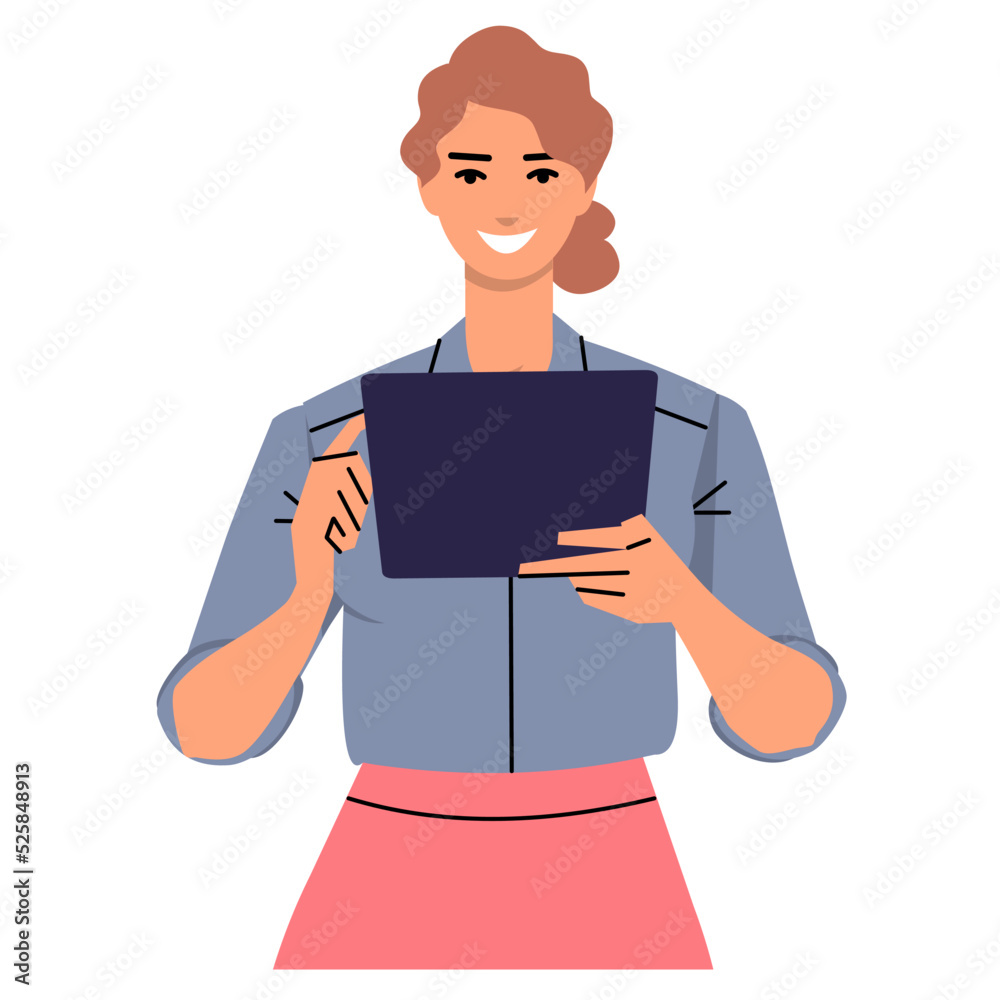 Young business woman uses a tablet. Smiling woman holding a device in her hand and touching the screen with her finger. Typing, scrolling the page in the browser. Flat vector isolated on white. Young business woman uses a tablet. Smiling woman holding a device in her hand and touching the screen with her finger. Typing, scrolling the page in the browser. Flat vector isolated on white.