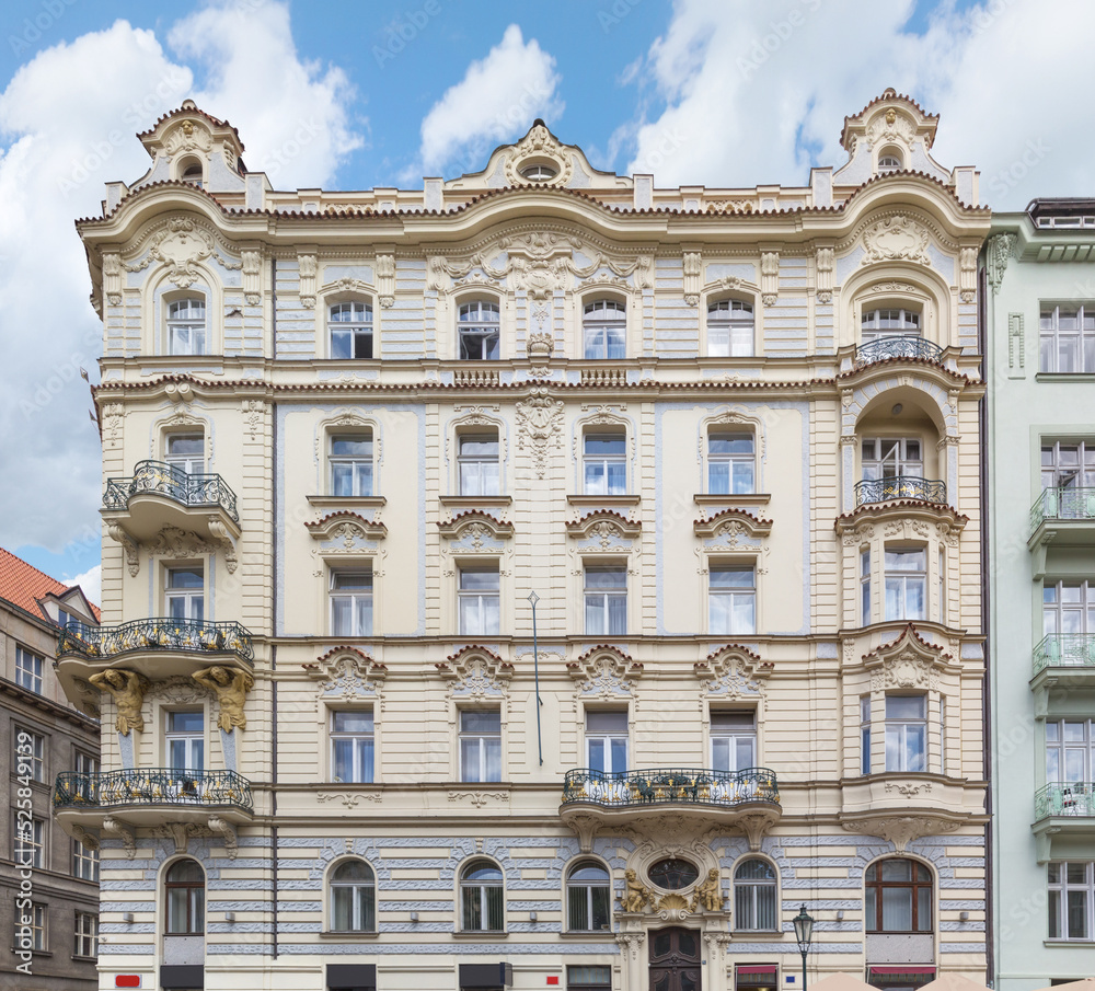 Obraz premium Beautiful old house on Brehova Street, Josefov, Jewish quarter. Prague, Czhech Republic