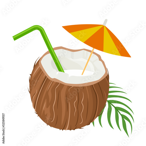 Coconut of tropical cocktail in nut shell with colorful straw and umbrella on jungle leaves. Vector illustration in flat style  isolated on  white background. 