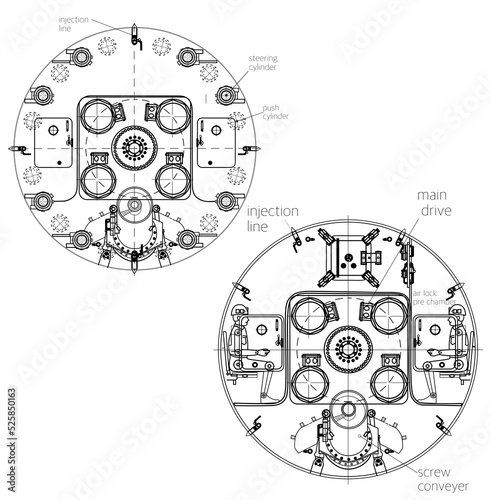 Machine internal cross-section, tunnel boring head, tunnel boring head drawings and machine internal parts, machine internal drive system, industrial operation technology, main drive injection line.