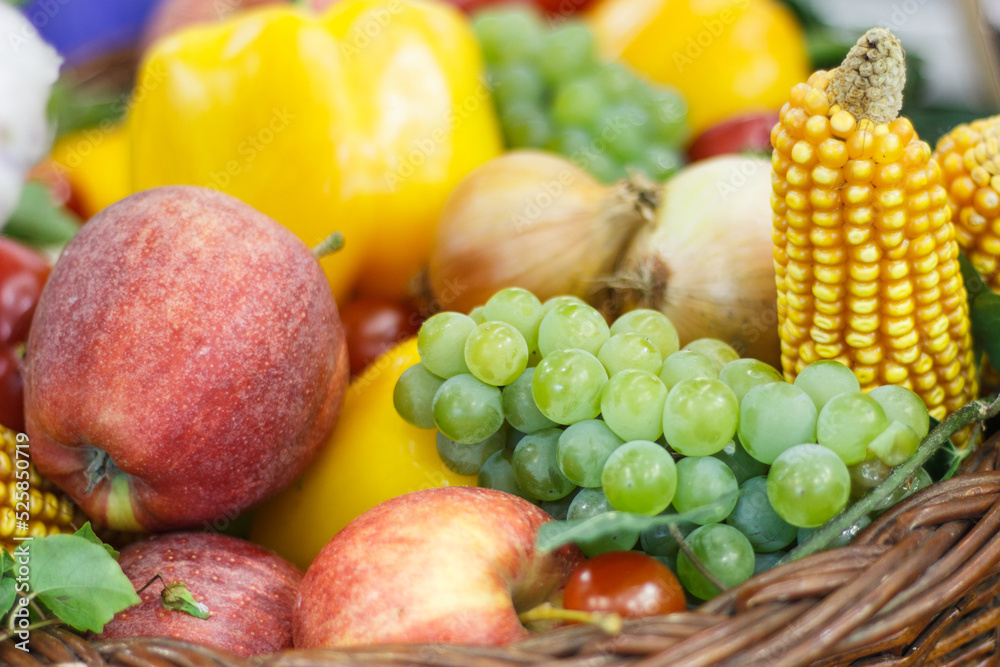 Fresh fruits and vegetables in basket as source healthy vitamins and minerals Fresh fruits and vegetables in basket as source healthy vitamins and minerals