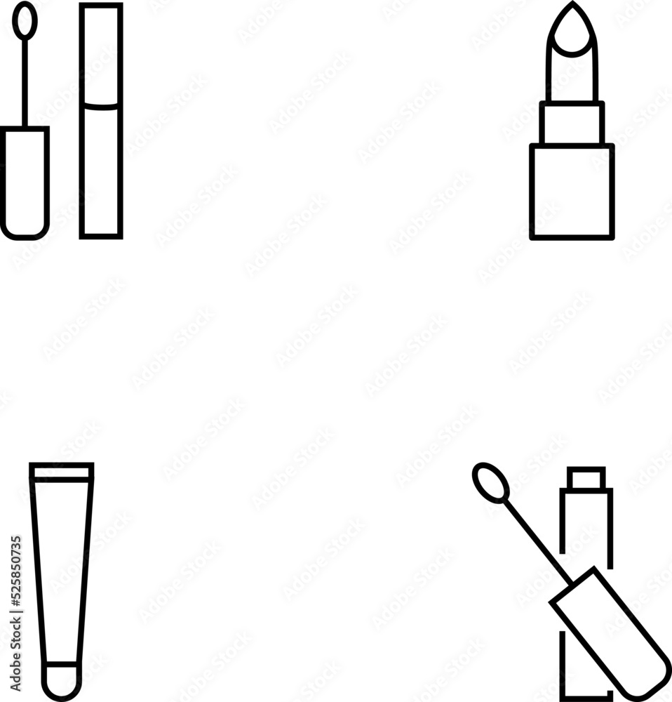 Monochrome elements perfect for adverts, stores, design etc. Editable stroke. Vector line icon set with symbols of mascara, lipstick, lip gloss, tint Monochrome elements perfect for adverts, stores, design etc. Editable stroke. Vector line icon set with symbols of mascara, lipstick, lip gloss, tint