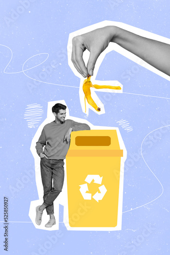 Poster collage of environmental responsible guy advertise throwing trash bin isolated on purple color background