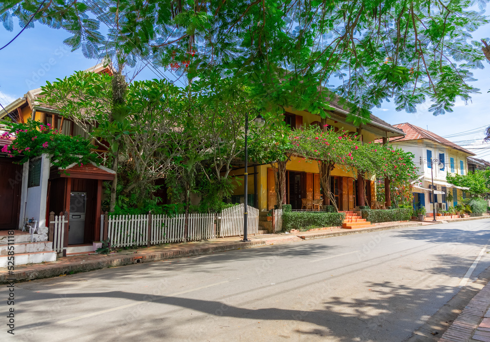 Colourful and decorative house in Old Luang Prabang Laos historical colonial French architecture Colourful and decorative house in Old Luang Prabang Laos historical colonial French architecture
