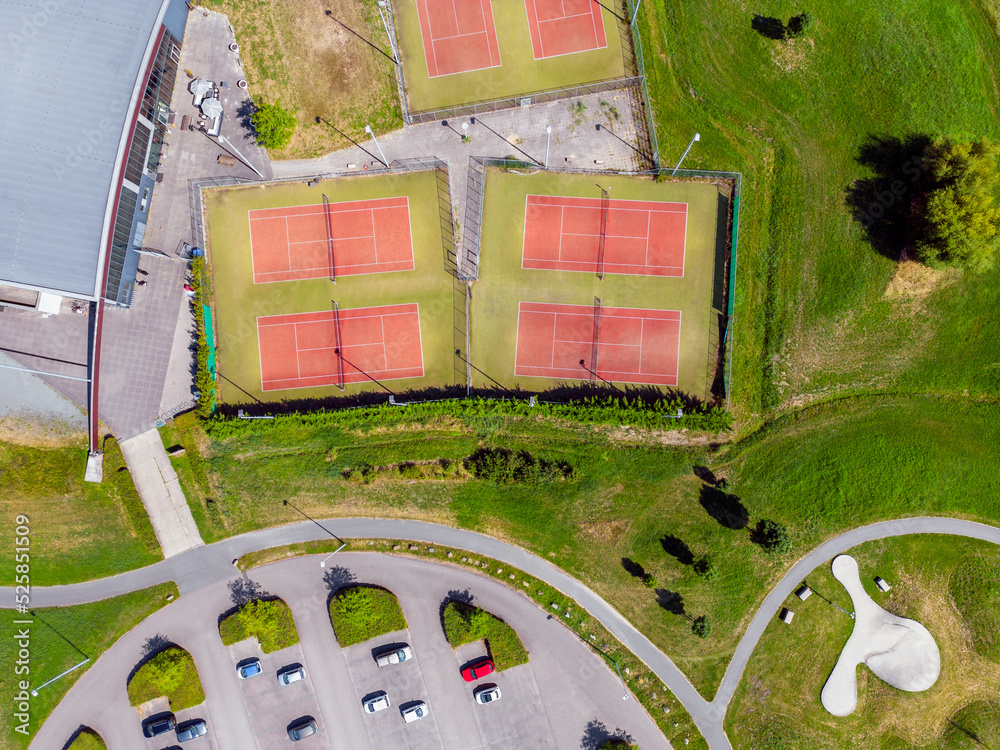 Drone Point of View on outdoor Tennis Courts and Parking Lot