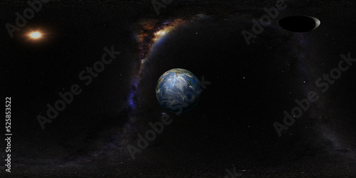 Fototapeta Naklejka Na Ścianę i Meble -  360 degree space background with Planet Earth and Moon 12K , equirectangular projection, environment map. HDRI spherical panorama.