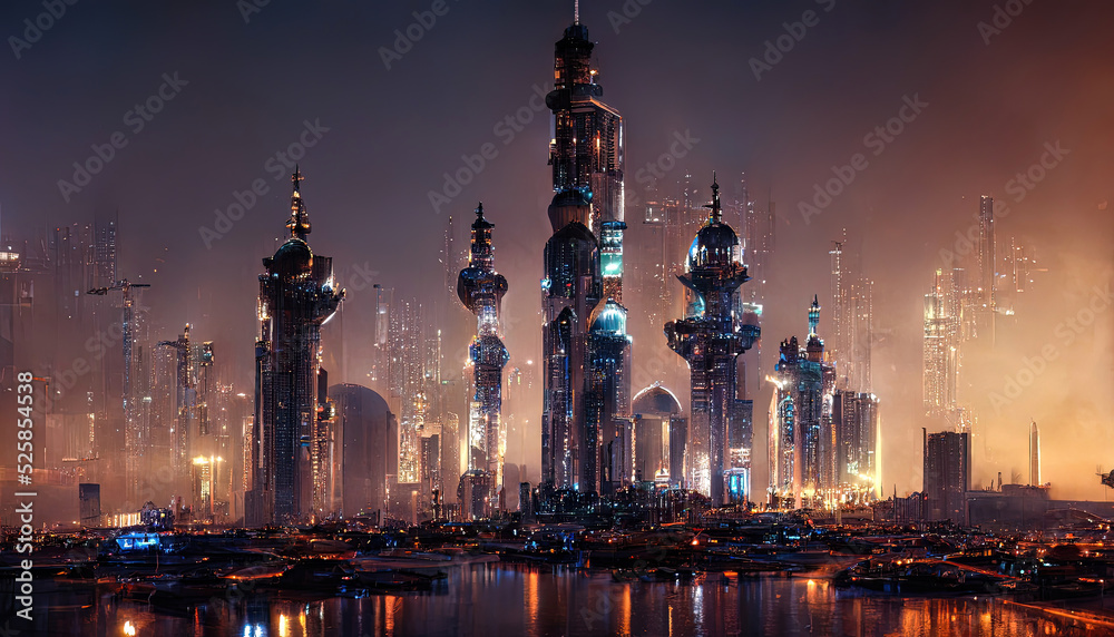 Night Arabic futuristic fantasy neon city. Eastern city panorama, night view of the city, Eastern architecture. 3D illustration.