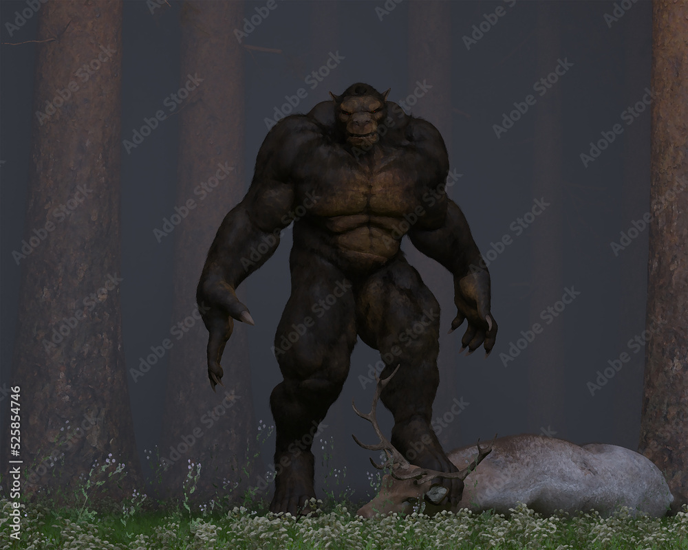 Fototapeta premium 3d illustration of the Gugwe Bigfoot variant stood over a fallen Deer in a forest