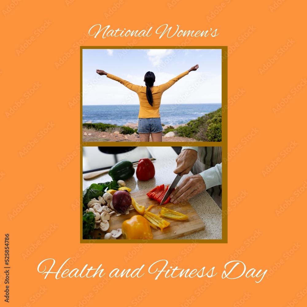 Collage of caucasian women looking at sea and cutting vegetables, women's health and fitness day